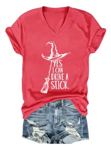 Red V-neck short sleeve t-shirt featuring a fun witch hat graphic and funny letter print.