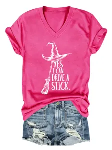 Casual women's bright pink V-neck short sleeve T-shirt featuring a fun witch hat print.