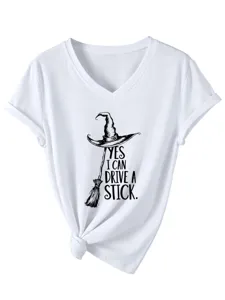 Casual white V-neck short sleeve women T-shirt featuring funny witch hat stick graphic print top.