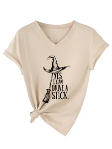 Women khaki V-neck short sleeve T-shirt with funny witch hat print and stylish side knot design.