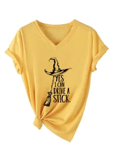 Women's V-Neck Short Sleeve T-Shirt Casual Yellow Top with Witch Hat Graphic and Funny Letter Print.