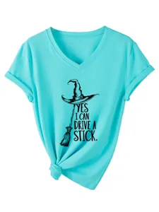 Turquoise V-neck short-sleeve T-shirt featuring a front graphic print and stylish knot hem.