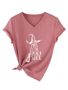 Detailed view of the witty graphic print and classic V-neck on the casual women t-shirt.