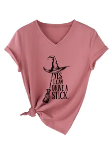 Pink V-neck short sleeve T-shirt with witch graphic and fun text for casual daily wear.