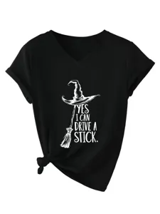 Close-up detail of the black V-shirt featuring a side knot and funny slogan print.