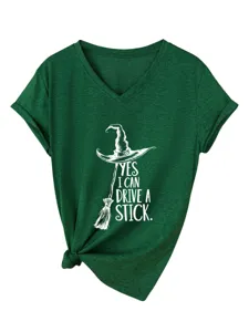 Casual Dark Green V-Neck Short Sleeve Women T-Shirt Featuring Witch Hat Printed Tee