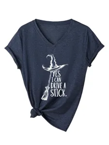 Women's V-neck short sleeve T-shirt with cute witch broom graphic and front knot detail.