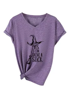 Women's purple V-neck short sleeve T-shirt with funny witch hat graphic casual tee.