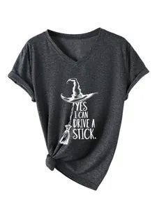 Casual dark grey V-neck short sleeve t-shirt with fun witch broom graphic and knot hem.