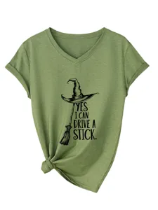 Casual women V-neck short sleeve graphic t-shirt featuring funny witch hat and text print.