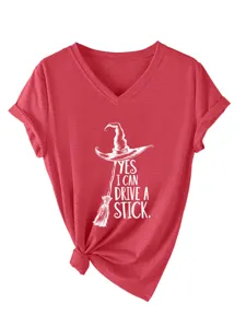 Casual red V-neck short sleeve tee for women featuring a fun witch broom graphic print.