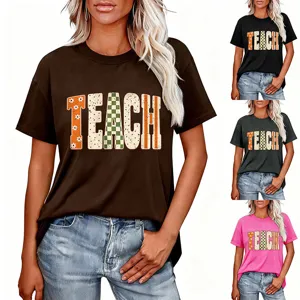 Women casual short sleeve t-shirt, round neck, teach floral plaid print, detail view.