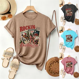 Γυναικείο κοντομάνικο βαμβακερό T-shirt casual χριστουγεννιάτικο γραφικό τοπ κομψό