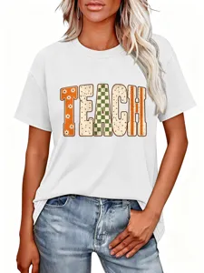 Detailed view of women casual white short sleeve t-shirt with retro teach graphic print.