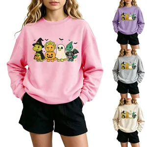 Cute Halloween dinosaur graphic crewneck sweatshirt for kids, casual long sleeve pullover top.