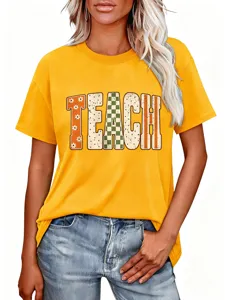 Women Yellow Teach Letter Print Short Sleeve T-Shirt Casual Summer Round Neck Tee