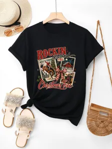 Casual μαύρο κοντομάνικο t-shirt με vintage western χριστουγεννιάτικο print λεπτομέρεια.