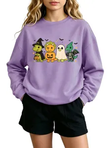 Cute cartoon halloween dinosaur print crewneck long sleeve sweatshirt for kids casual wear.