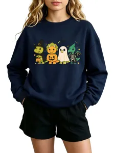 Cute Halloween dinosaur graphic crewneck long sleeve sweatshirt in dark blue for kids.