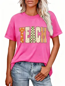 Detailed view of the cute teacher graphic short sleeve t-shirt in casual pink style.