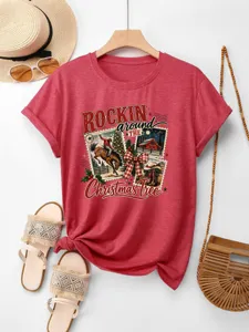 Casual γυναικείο βαμβακερό κοντομάνικο t-shirt με vintage χριστουγεννιάτικο print.