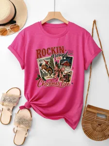 Casual κομψό γυναικείο κοντομάνικο βαμβακερό t-shirt με γραφικό σχέδιο και κόμπο.
