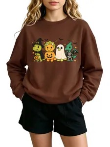 Brown crewneck long sleeve sweatshirt featuring cute Halloween dinosaur graphic print for casual wear
