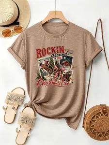 Casual καφέ κοντομάνικο t-shirt με vintage χριστουγεννιάτικο print και στιλάτο κόμπο.