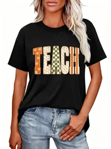 Detailed shot of casual black short sleeve t shirt featuring retro teach letter print.