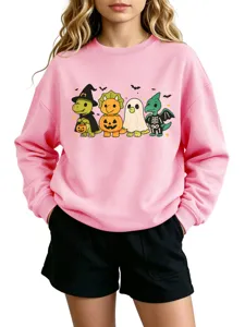 Cute Halloween dinosaur print pink sweatshirt for women, casual long sleeve crewneck top.