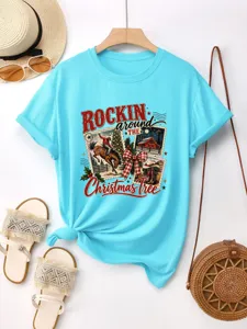 Γαλάζιο κοντομάνικο t-shirt με vintage καουμπόικo χριστουγεννιάτικο δέντρο graphic top