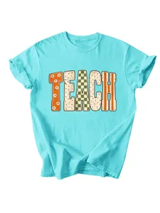 Women short sleeve t-shirt with retro teach letter print casual summer top tee apparel