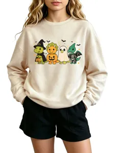 Cute dinosaur Halloween graphic print crewneck long sleeve sweatshirt for casual everyday wear.