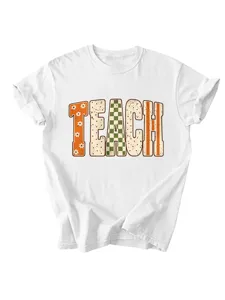 Women's casual fashion TEACH retro print short sleeve t-shirt, comfortable daily wear top.
