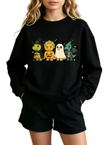 Cute Halloween dinosaur graphic black long sleeve crewneck sweatshirt for children.