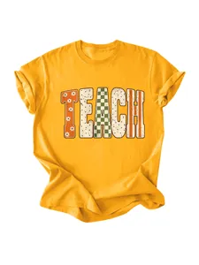 Women casual short sleeve T-shirt detail, vintage TEACH graphic print on yellow cotton fabric.