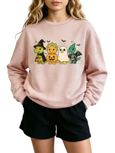 Cute Halloween dinosaur graphic crewneck sweatshirt, casual long sleeve pullover top for daily.