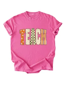 Retro floral checkered teach print detail on bright pink women short sleeve t-shirt.