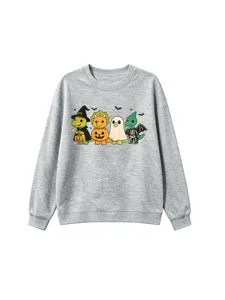 Kids cute Halloween dinosaur print long sleeve crewneck grey sweatshirt detailed view