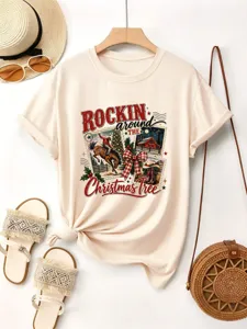 Casual γυναικείο T-shirt με κοντό μανίκι και vintage χριστουγεννιάτικο τύπωμα για καθημερινή χρήση.