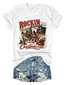 Casual γυναικείο βαμβακερό κοντομάνικο t-shirt με χριστουγεννιάτικο καουμπόικο σχέδιο.
