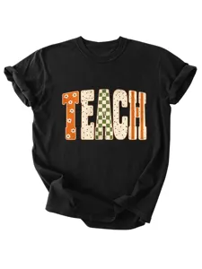 Women retro teacher graphic t-shirt casual short sleeve black tee top summer wear