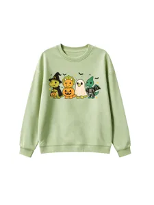 Detailed view of the cute Halloween dinosaur graphic and soft fabric texture on the kids sweatshirt.