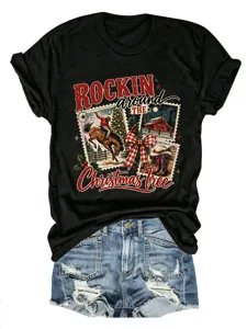 Γυναικείο vintage χριστουγεννιάτικο t-shirt με κοντό μανίκι και γραφικό καουμπόη