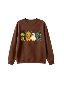 Detail view of cute Halloween dinosaur print brown crewneck long sleeve sweatshirt for kids.