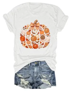 Γυναικείο κοντομάνικο t-shirt με φθινοπωρινή κολοκύθα, καρό λεοπάρ φιόγκο και χαριτωμένο φάντασμα.