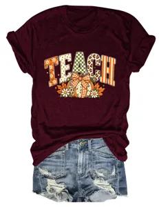 Vrouwen herfst Teach pompoen ruitjes grafisch korte mouw t-shirt met denim shorts detailweergave