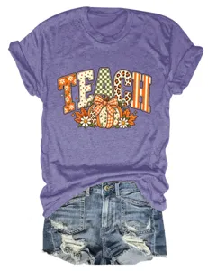 Vrouwen Casual Herfst Teach Pompoen Grafische Korte Mouw T-Shirt met Denim Shorts