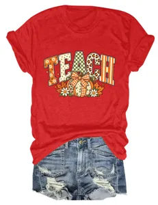 Dames rood casual korte mouw T-shirt met schattige teach pompoen print, leuke zomertop.