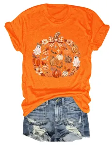 Γυναικείο πορτοκαλί κοντομάνικο t-shirt με χαριτωμένα γραφικά κολοκύθας αποκριών
